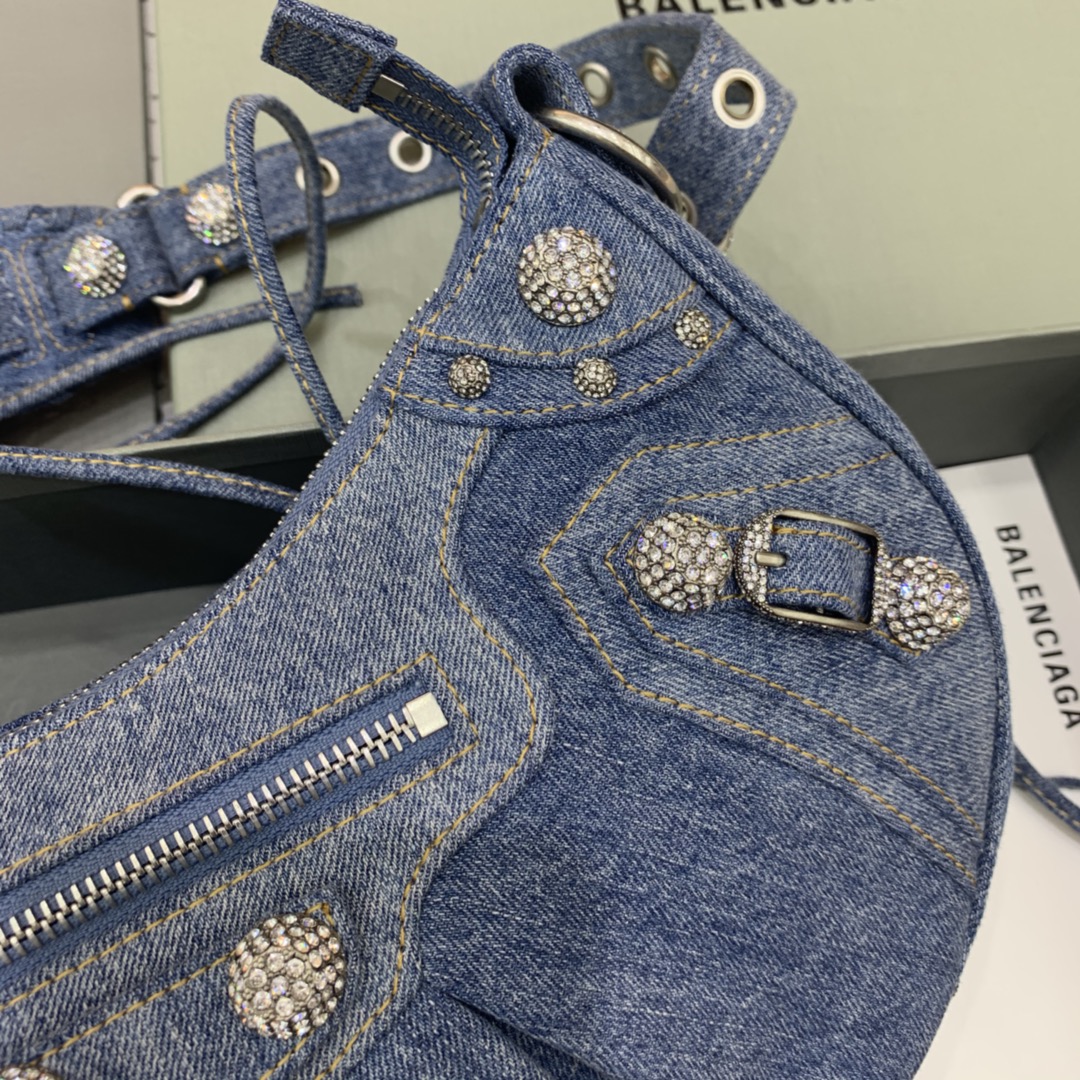 Balenciaga Le Cagole Small Shoulder Bag in Denim With Rhinestones